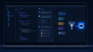 Illustration of code and context being filtered before reaching an AI coding assistant