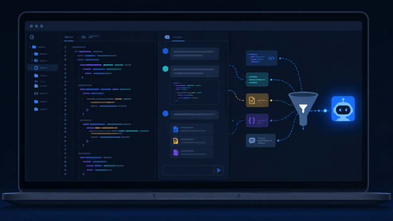 Illustration of code and context being filtered before reaching an AI coding assistant